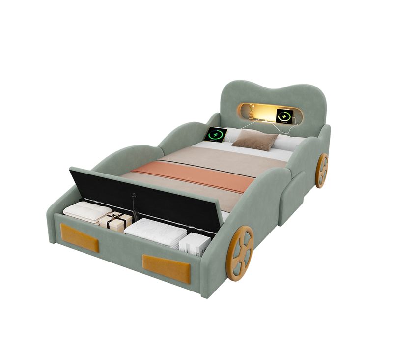 Lit Enfant 90x200 Cm Style Voiture Avec Lampe De Lecture, USB Et Rangement, Velours Vert