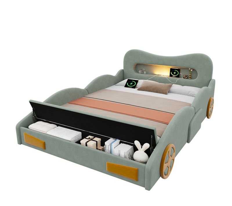 Lit Enfant 140x200 Cm Style Voiture Avec Lampe De Lecture, USB Et Rangement, Velours Vert