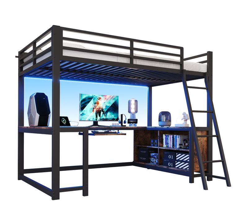 Lit Mezzanine 120x200 Cm Avec Bureau 3 Côtés, Rangement, LED Et Prise, Noir