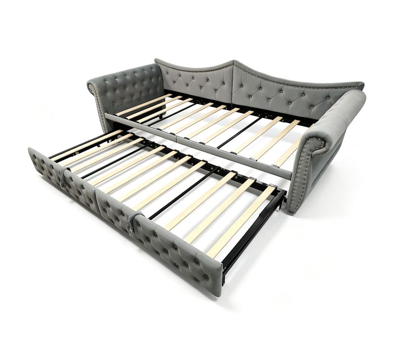 Lit Gigogne 90/180x200 Cm Avec LED Et USB, Velours, Canapé-lit 3-en-1, Gris