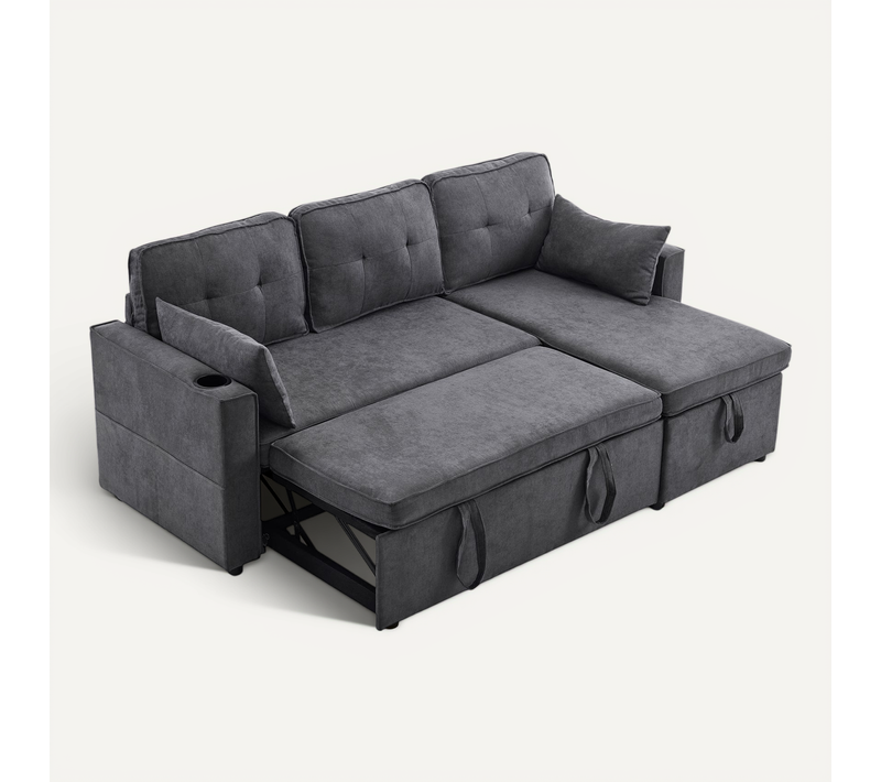 Canapé Angle Convertible Avec 2 Porte-gobelets Et Rangement Méridienne Réversible, Gris