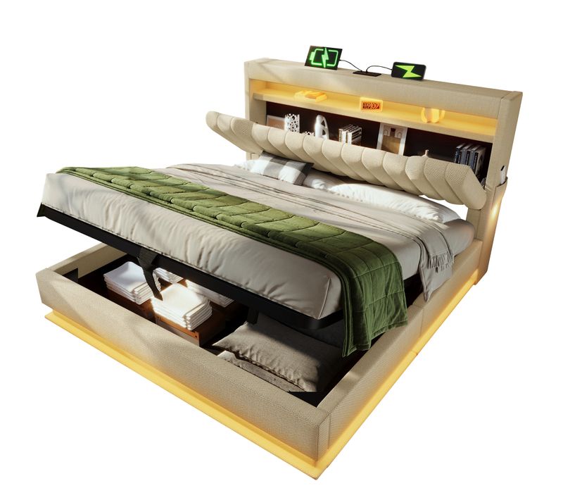 Lit Double Capitonné 160 X 200 Cm-avec Tête De Lit Coffre-ports USB Et Type-c-éclairage LED-beige