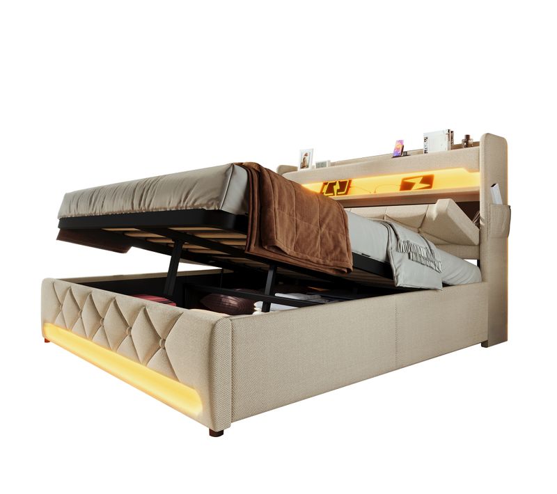 Lit Double Capitonné 140*200-ports USB Et Type-c, Éclairage LED à 360°-rangement Hydraulique-beige