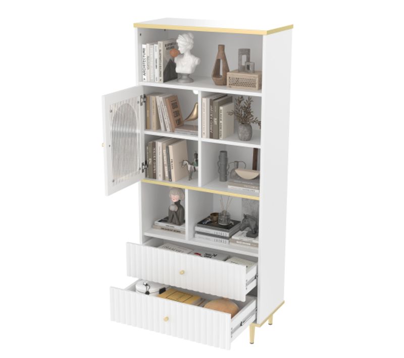 Vitrine Multifonctionnelle Avec LED-porte Transparente-rangement Multicouche-2 Tiroirs-blanc