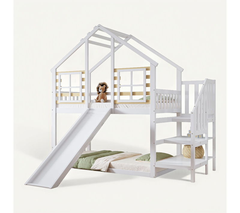 Lit Superposé 90x200 Cm Avec Toboggan-avec Protection Antichute-en Bois - Blanc