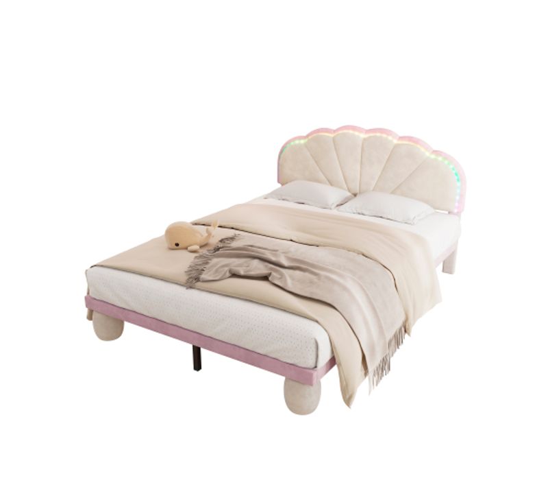 Lit Simple 140 X 200 Cm-avec Bande Lumineuse LED Multicolore-lit Enfant-velours-beige Et Rose