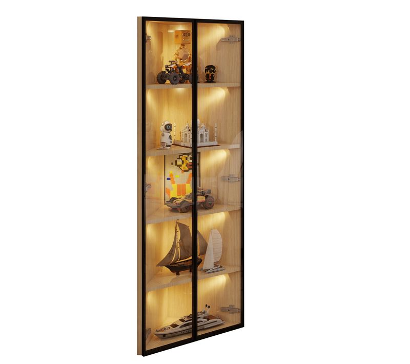 Vitrine LED-Angle Droit à 90°-Meuble de Rangement-Idéal petits espaces-En Verre-Chêne