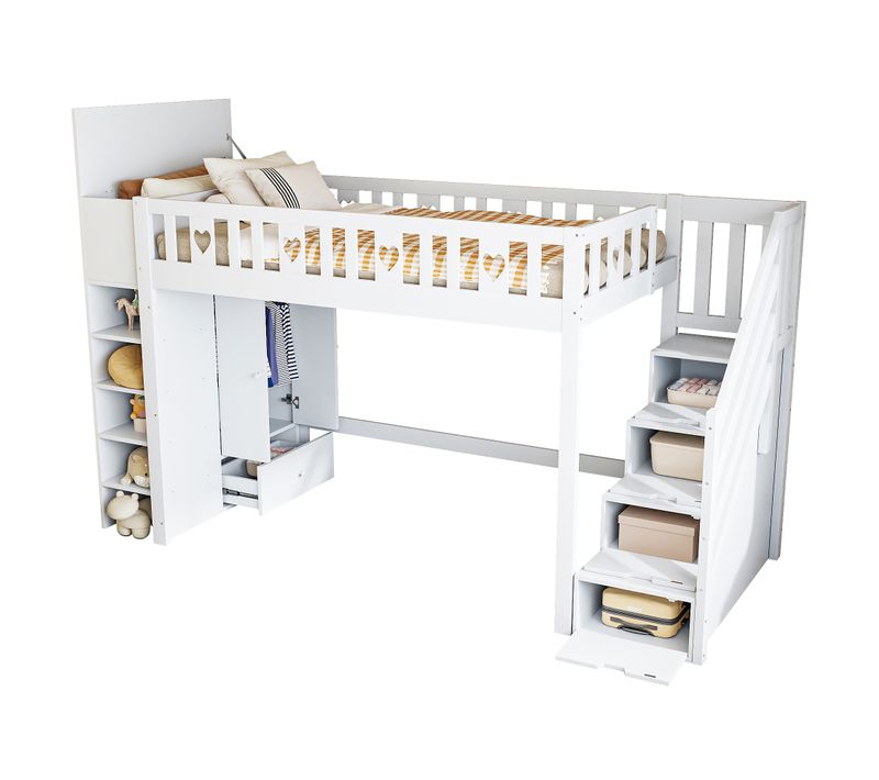 Lit Mezzanine 90x200cm Avec Placard Et Garde-corps Cœur, Blanc