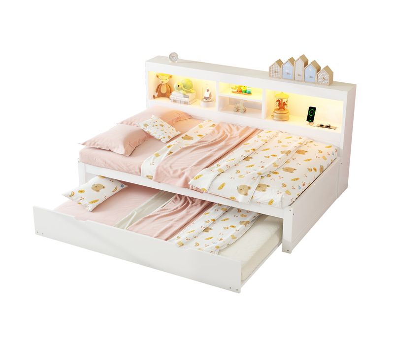 Lit Gigogne 90x200cm Avec LED-rangement De Chevet-prise USB, Lit Simple En Bois-lit Enfant-blanc