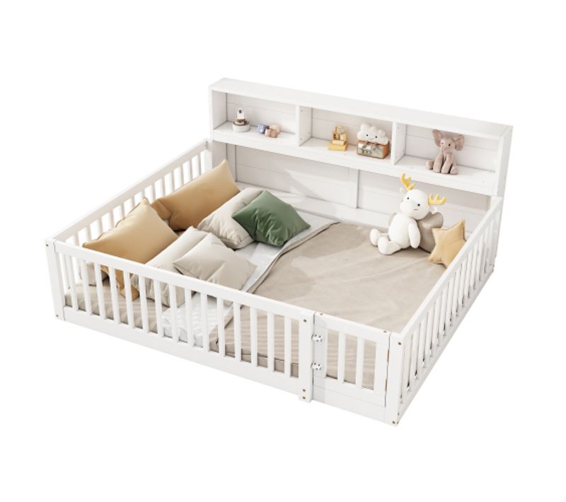 Lit Enfant 140*200cm-chevet Avec Compartiment De Rangement-garde-corps- Pinède-blanc