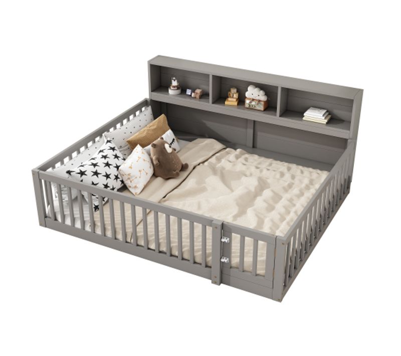 Lit Enfant 140*200cm-chevet Avec Compartiment De Rangement-garde-corps- Pinède-gris