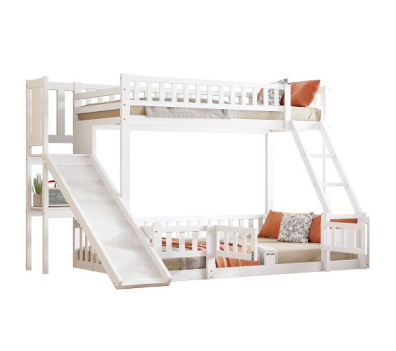 Lit Superposé Avec Toboggan Et Rangements90x200+1400x200cm, Blanc