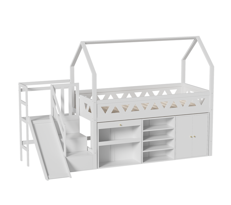 Lit Mezzanine 90 X 200 Cm-lit Simple, Lit Enfant Avec Toboggan Et Escalier-bois Massif-blanc