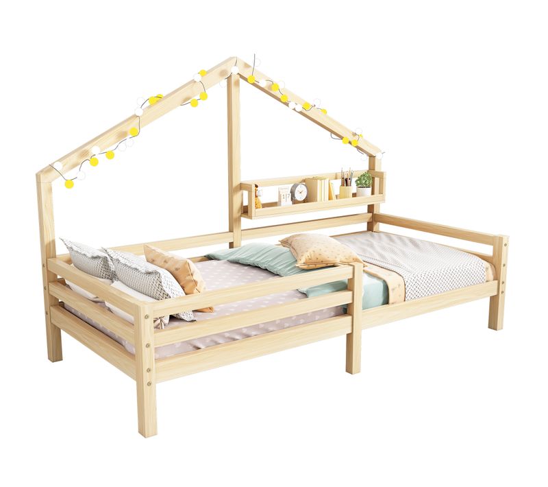 Lit Enfant 90x200 Cm Avec Étagère De Rangement - Naturel