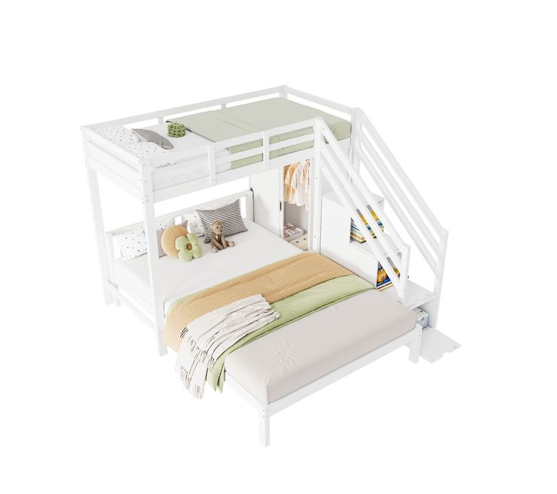 Lit Superposé 90 X 200 Cm-lit Enfant-avec Toboggan, Escalier, Casier Et Étagèr-bois Massif-blanc
