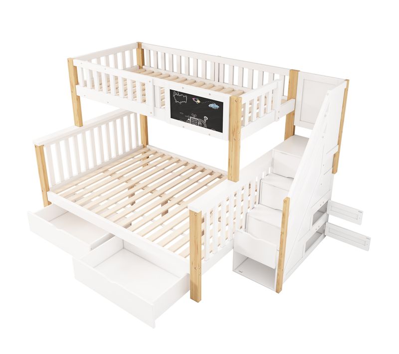 Lit Superposé-lit Enfant Avec 2 Tiroirs -lit Double-en Bois-90x200cm Et 140x200cm-blanc Et Bois