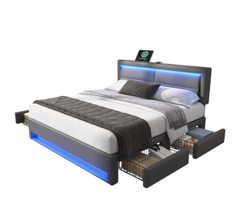 Lit Rembourré 160x200cm-avec Port USB(chargement Sans Fil)-avec Éclairage LED Et 4 Tiroirs-gris