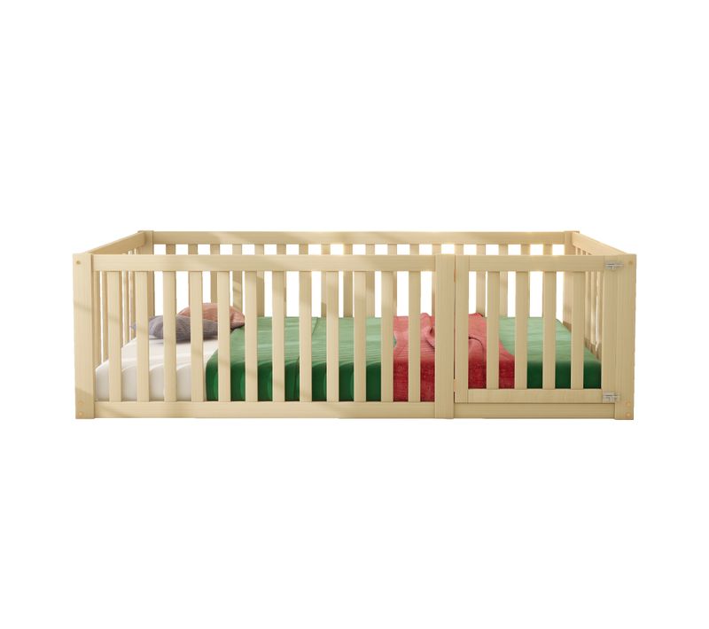 Lit Enfant 90x200 Cm - Cadre Bois Avec Barrière Et Porte De Sécurité