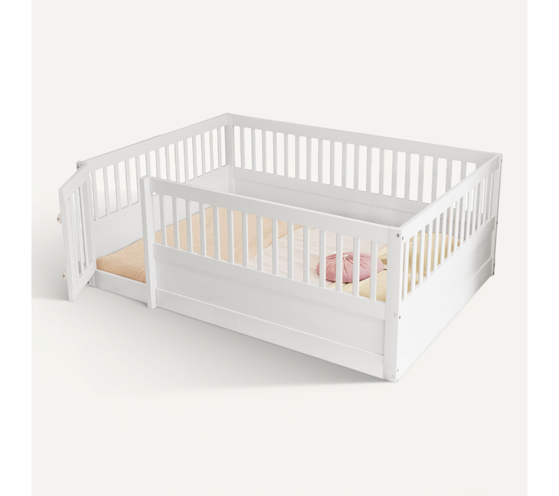 Lit Enfant 140x200 Cm - Cadre Bois Avec Barrière Et Porte De Sécurité - Blanc