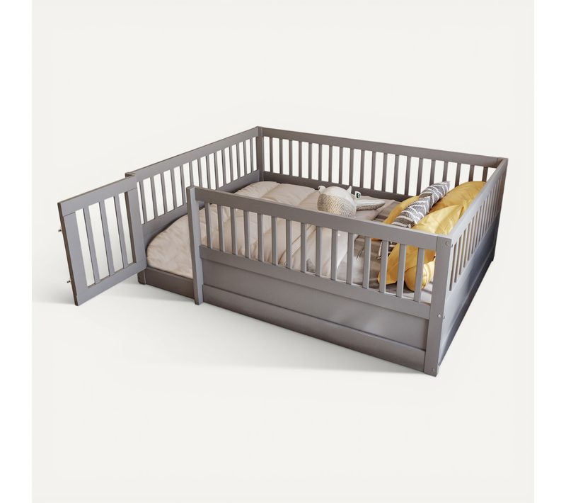 Lit Enfant 140x200 Cm - Cadre Bois Avec Barrière Et Porte De Sécurité - Gris