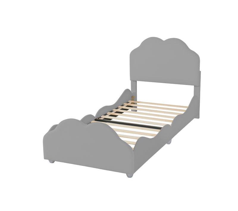 Lit Enfant 90x200 Cm - Rembourré Velours, Barrière, Tête/pied De Lit Nuage - Gris