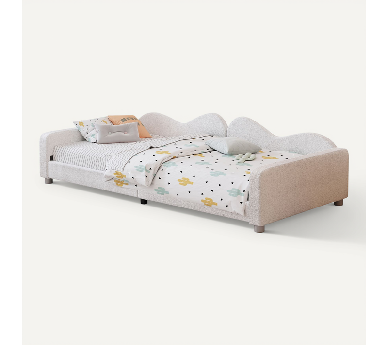 Lit Enfant 90x200 Cm - Convertible Tissu Teddy, Dossier, Accoudoirs, Multifonction - Blanc