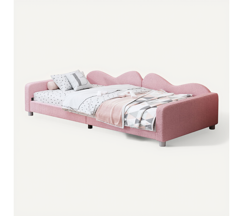 Lit Enfant 90x200 Cm - Convertible Tissu Teddy, Dossier, Accoudoirs, Multifonction - Rose
