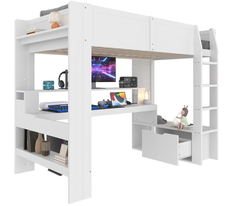 Haut Lit Gaming 90x200cm Avec Bureau LED, Blanc
