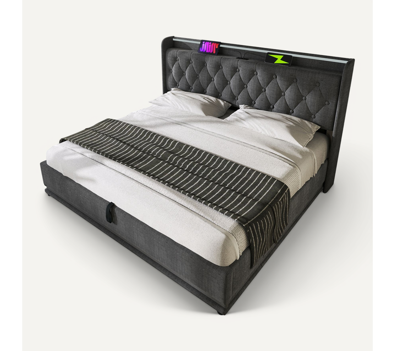 Lit Double Capitonné 140*200cm-rangement Hydraulique-avec Port De Chargement USB Type-c-gris