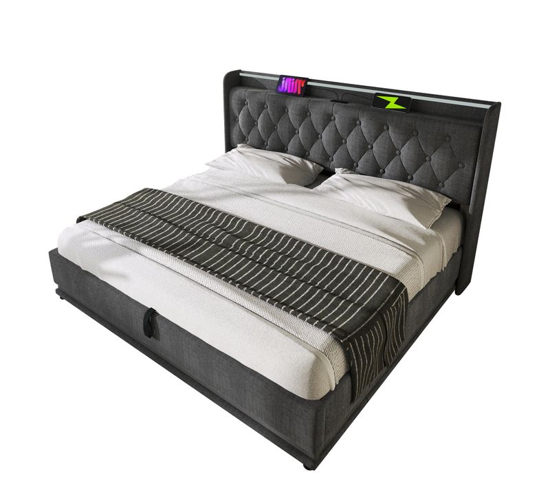 Lit Double Capitonné 180*200cm-rangement Hydraulique-avec Port De Chargement USB Type-c-gris
