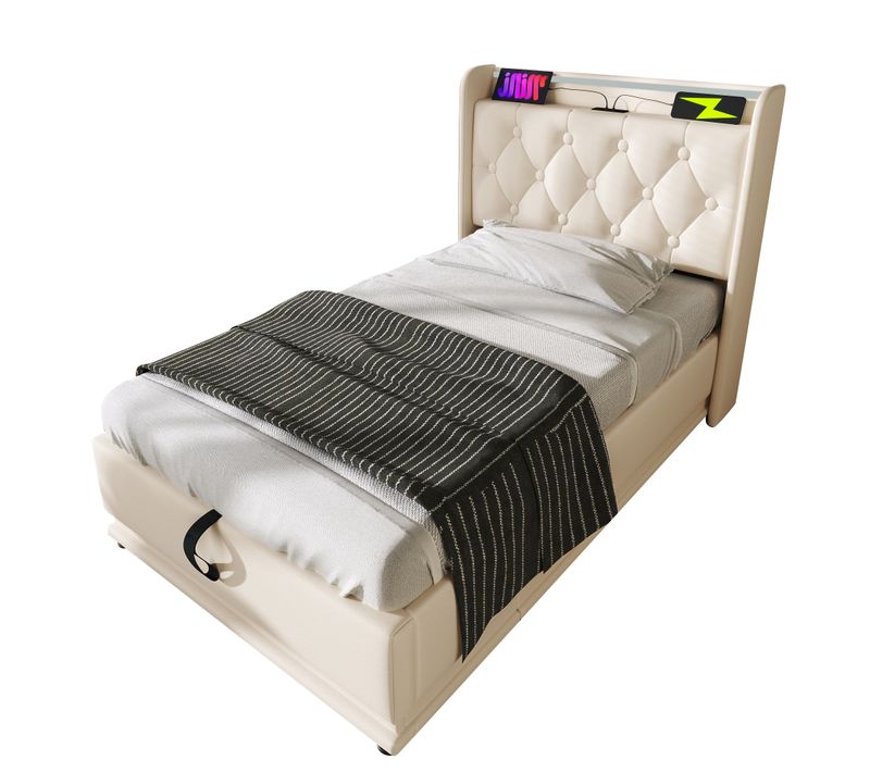 Lit Double Capitonné 90*200cm-rangement Hydraulique-avec Port De Chargement USB Type-c-blanc