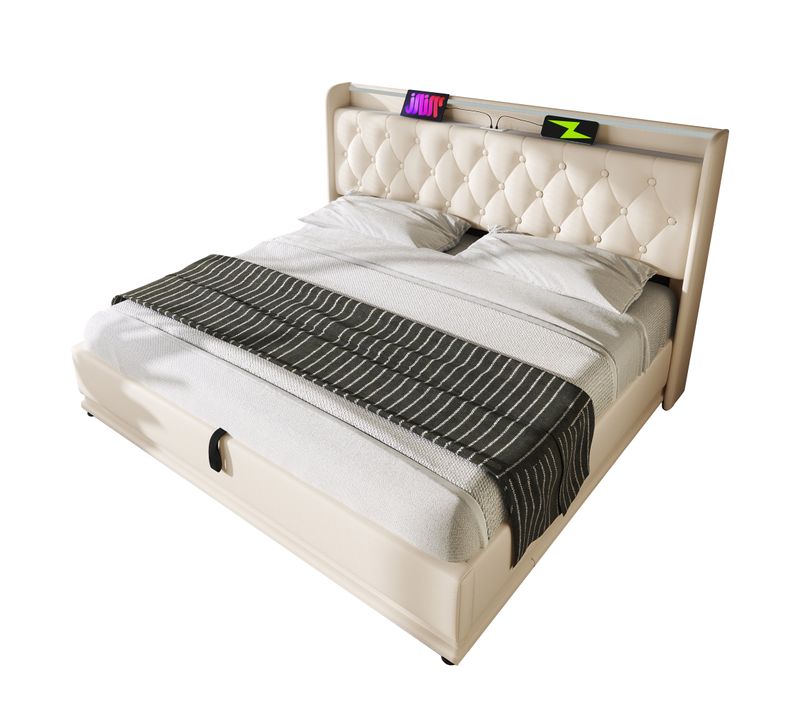 Lit Double Capitonné 160*200cm-rangement Hydraulique-avec Port De Chargement USB Type-c-blanc