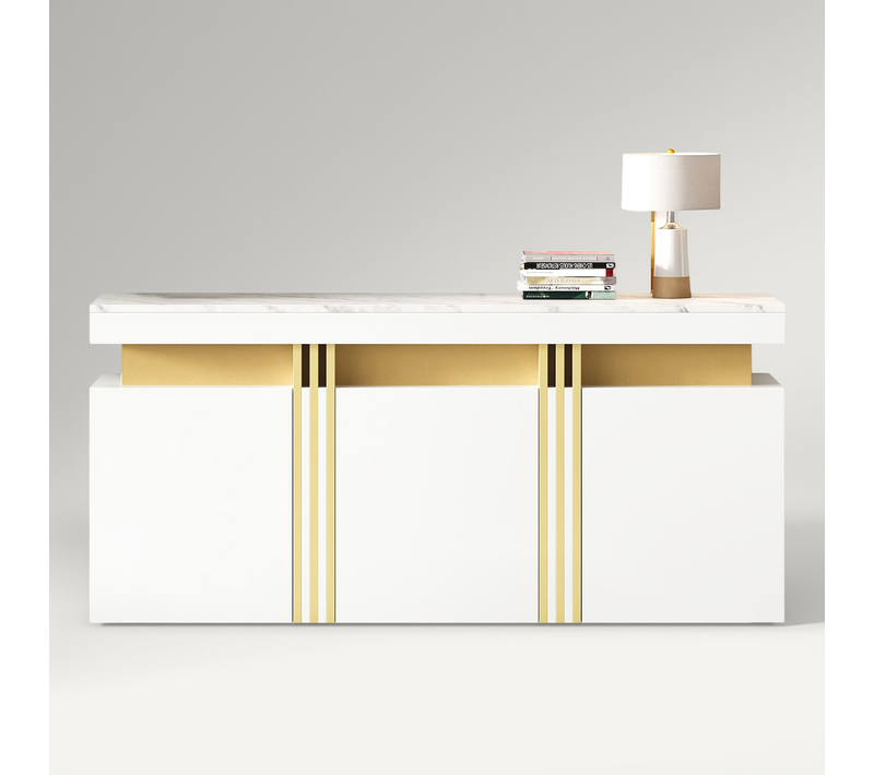 Buffet 3 Portes 140x38x70 Cm Avec étagères Réglables, Effet Marbre, Blanc