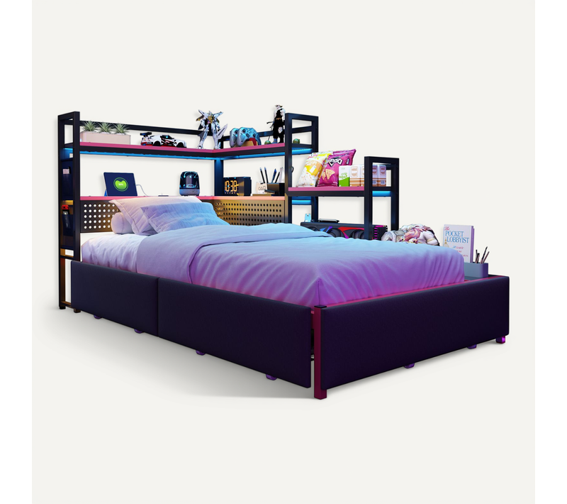 Lit Métal 90x200 Cm Gaming Avec 3 Tiroirs, LED, USB, Et étagères, Noir