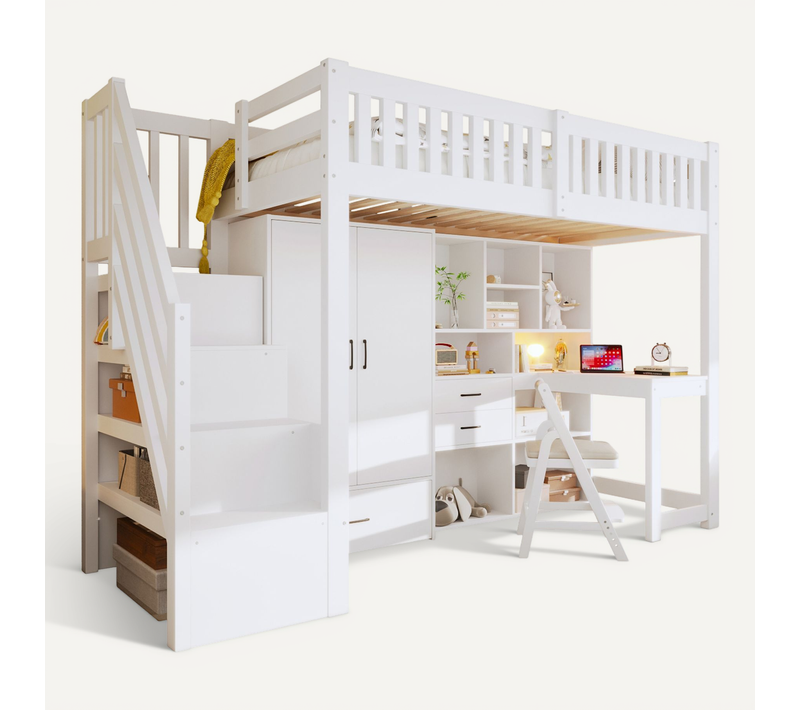 Lit Mezzanine 90x200 Cm Avec Bureau, Armoire, échelle Et Tiroirs, Blanc