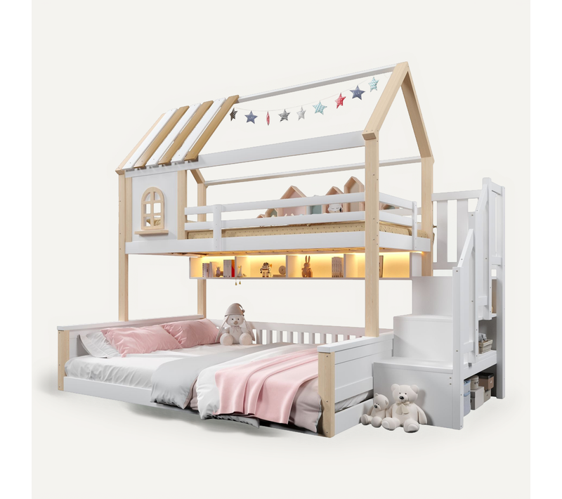 Lit Superposé 90x200+140x200 Avec LED, Design Maison, Bois