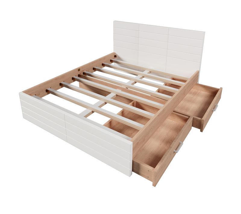 Lit En Bois- 2 Tiroirs - 160×200cm - Blanc et Chêne- Moderne Et Naturel- Sommier à Lattes