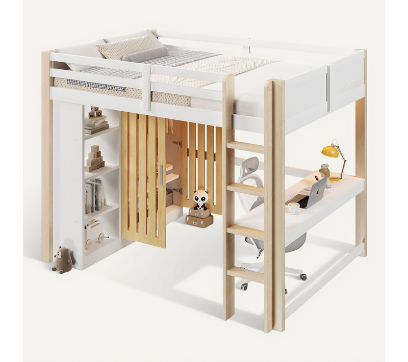 Lit Mezzanine 140x200 Cm Avec Bureau, Armoire Et LED En Pine, Blanc Et Bois