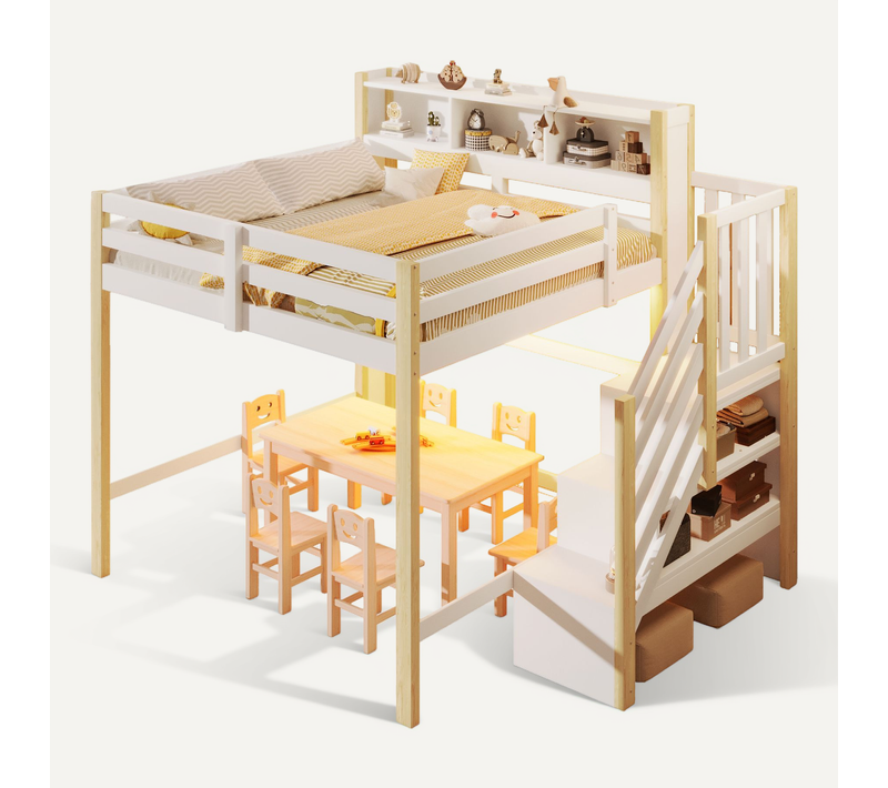 Lit Mezzanine 140x200 Cm Avec LED, Escalier Coffre Et Grand Rangement En Pine, Blanc Et Bois