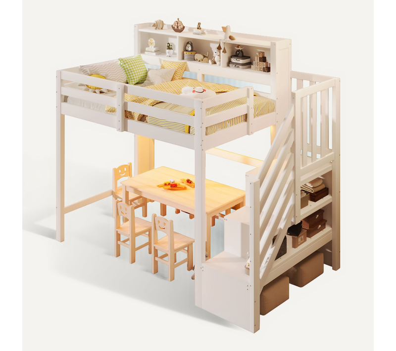 Lit Mezzanine 90x200 Cm Avec LED, Escalier Coffre Et Grand Rangement En Pine, Blanc