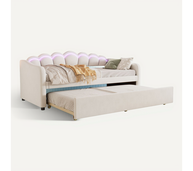 Lit Gigogne 90x200/190 Cm Avec Lit Tiroir Et LED, Beige