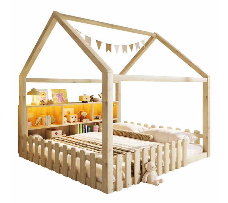 Lit Enfant 140x190 Cm Avec LED, Rangement Intégré Et Barrières, Bois