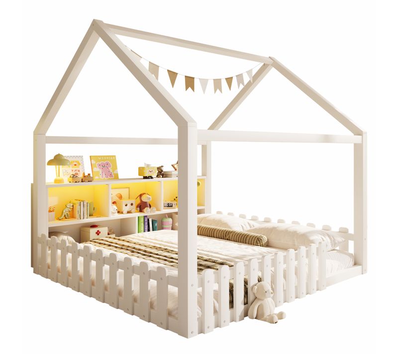 Lit Enfant 140x190 Cm Avec LED, Rangement Intégré Et Barrières, Blanc