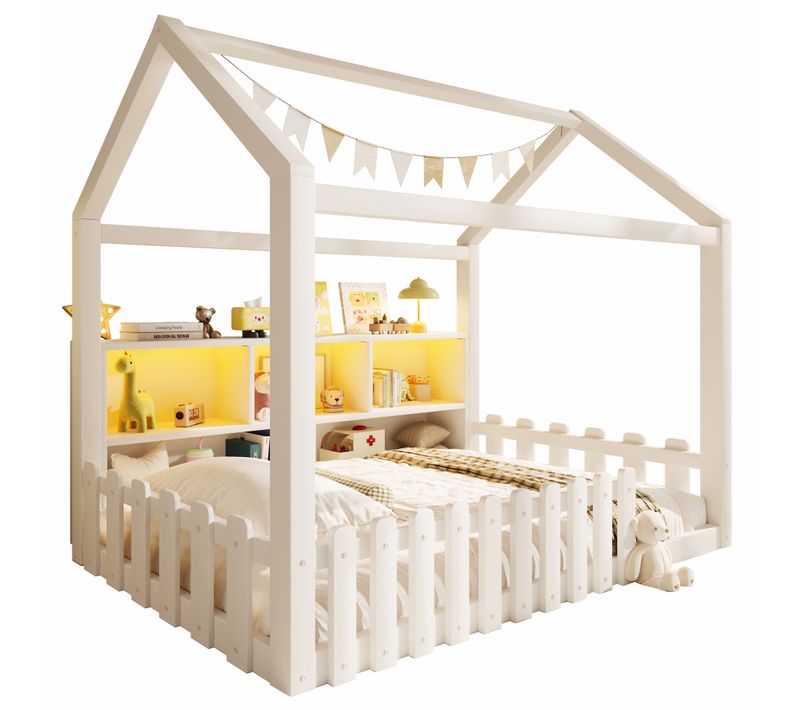 Lit Enfant 90x190 Cm Avec LED, Rangement Intégré Et Barrières, Blanc