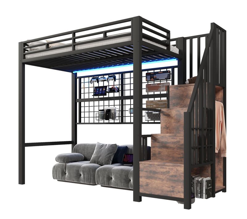 Lit Mezzanine 90x200 Cm Métal Avec LED Et Espace Libre, Noir