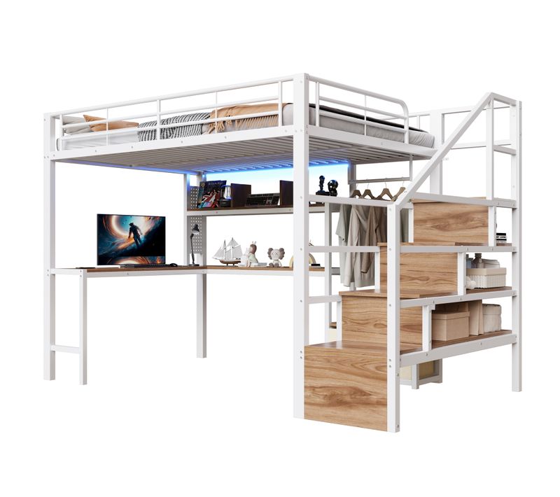 Lit Mezzanine 140x200 Cm En Métal Avec LED, Bureau, Escalier Rangement Et 2 Tiroirs, Blanc