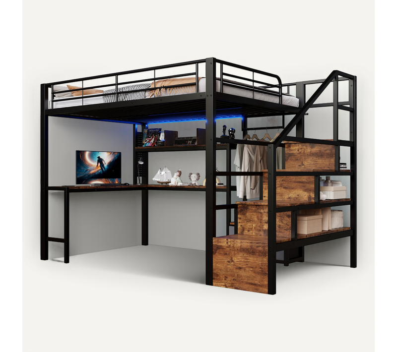 Lit Mezzanine 140x200 Cm En Métal Avec LED, Bureau, Escalier Rangement Et 2 Tiroirs, Noir