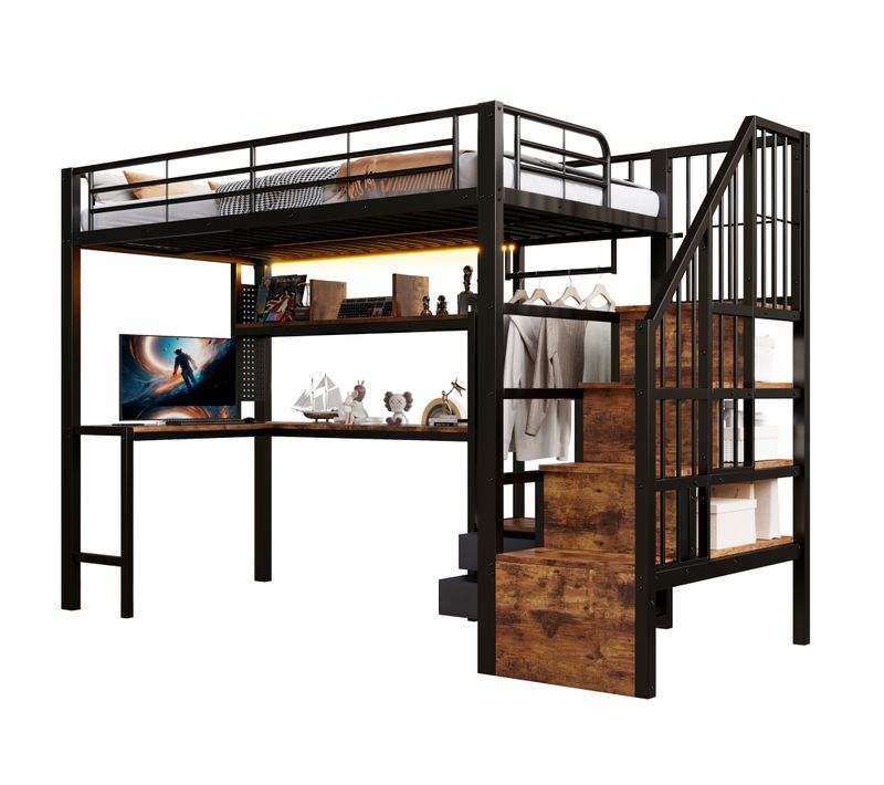 Lit Mezzanine 90x200 Cm En Métal Avec LED, Bureau, Escalier Rangement Et 2 Tiroirs, Noir
