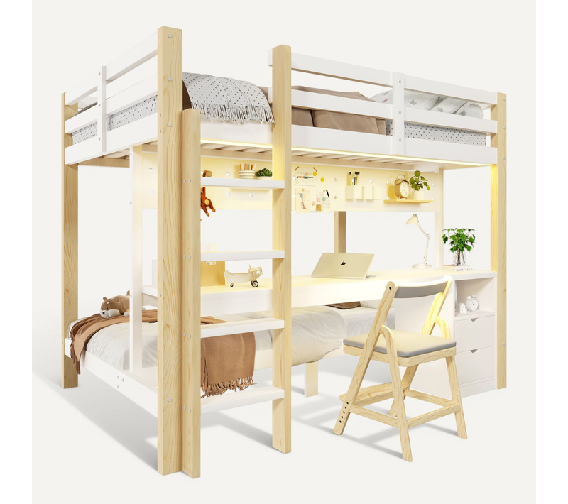 Lit Superposé 90/140x200 Cm En Pine Avec LED, Bureau, Tiroirs Et Panneau Perforé, Bois Blanc