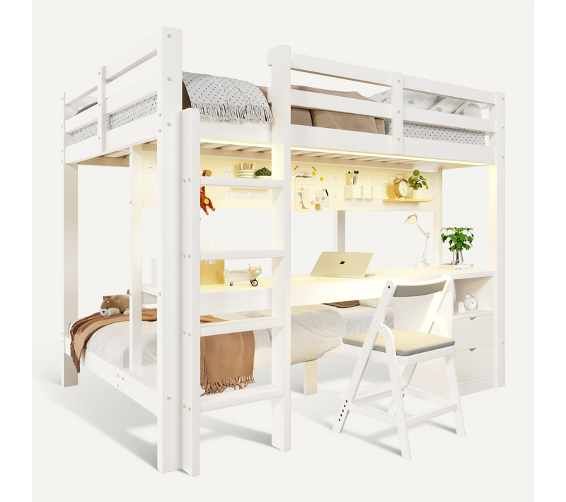 Lit Superposé 90/140x200 Cm En Pine Avec LED, Bureau, Tiroirs Et Panneau Perforé, Blanc